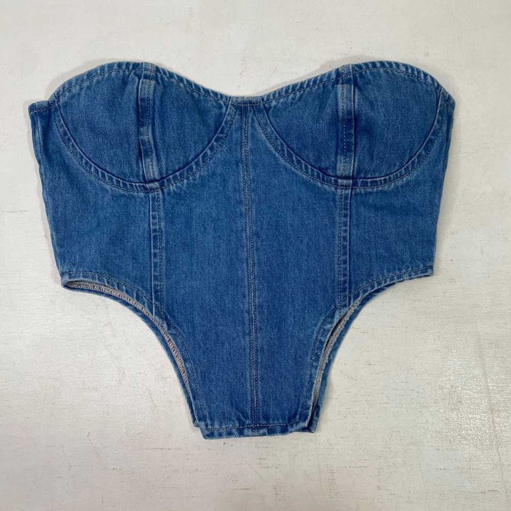 Denim Corset Bustier Top Womens 8 Strapless Zip Back Medium Wash Coquette Gir
